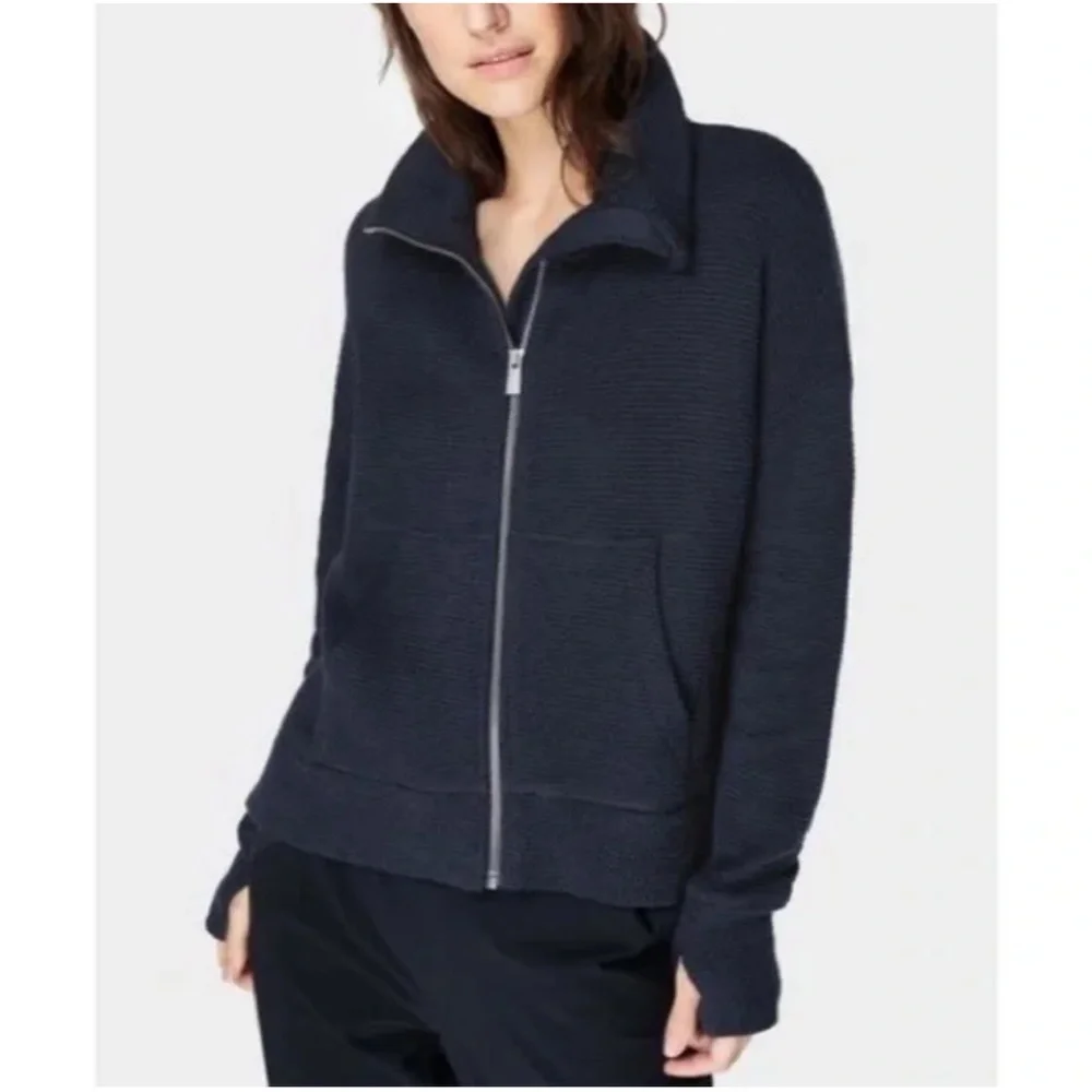Sweaty Betty Navy Boucle Full Zip High Neck Restful Jacket Size 12 Pocket - Picture 1 of 5
